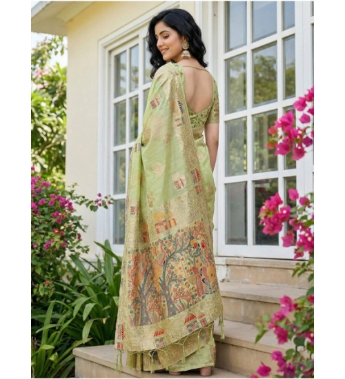 Women's Linen Cotton Printed Saree With Unstitched Blouse 5.5Mtr (Light Green)