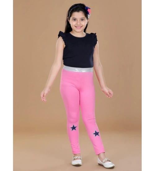 Girl's Cotton Lycra Star Print Elasticated Leggings (Pink)