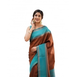Women's Soft Lichi Silk Printed Saree With Unstitched Blouse 5.5Mtr (Brown)