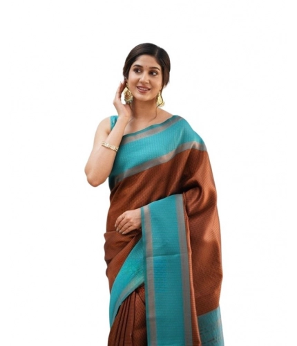 Women's Soft Lichi Silk Printed Saree With Unstitched Blouse 5.5Mtr (Brown)