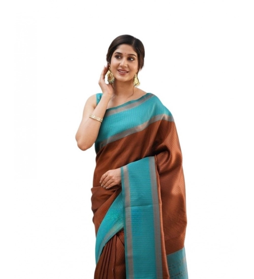 Women's Soft Lichi Silk Printed Saree With Unstitched Blouse 5.5Mtr (Brown)