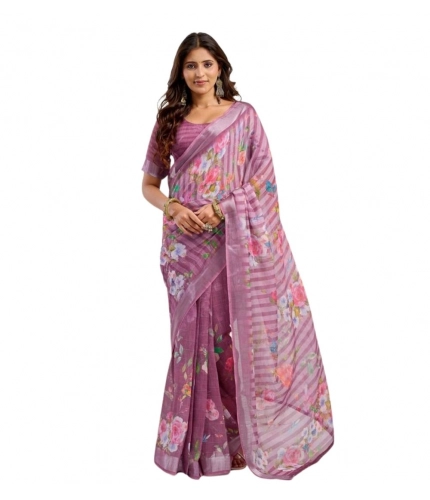 Women's Faux Linen Floral Print Ready to wear Saree With Unstitched Blouse 5.5Mtr (Pink) Women's Faux Linen Floral Print Ready to wear Saree With Unstitched Blouse 5.5Mtr (Pink)