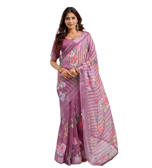 Women's Faux Linen Floral Print Ready to wear Saree With Unstitched Blouse 5.5Mtr (Pink)