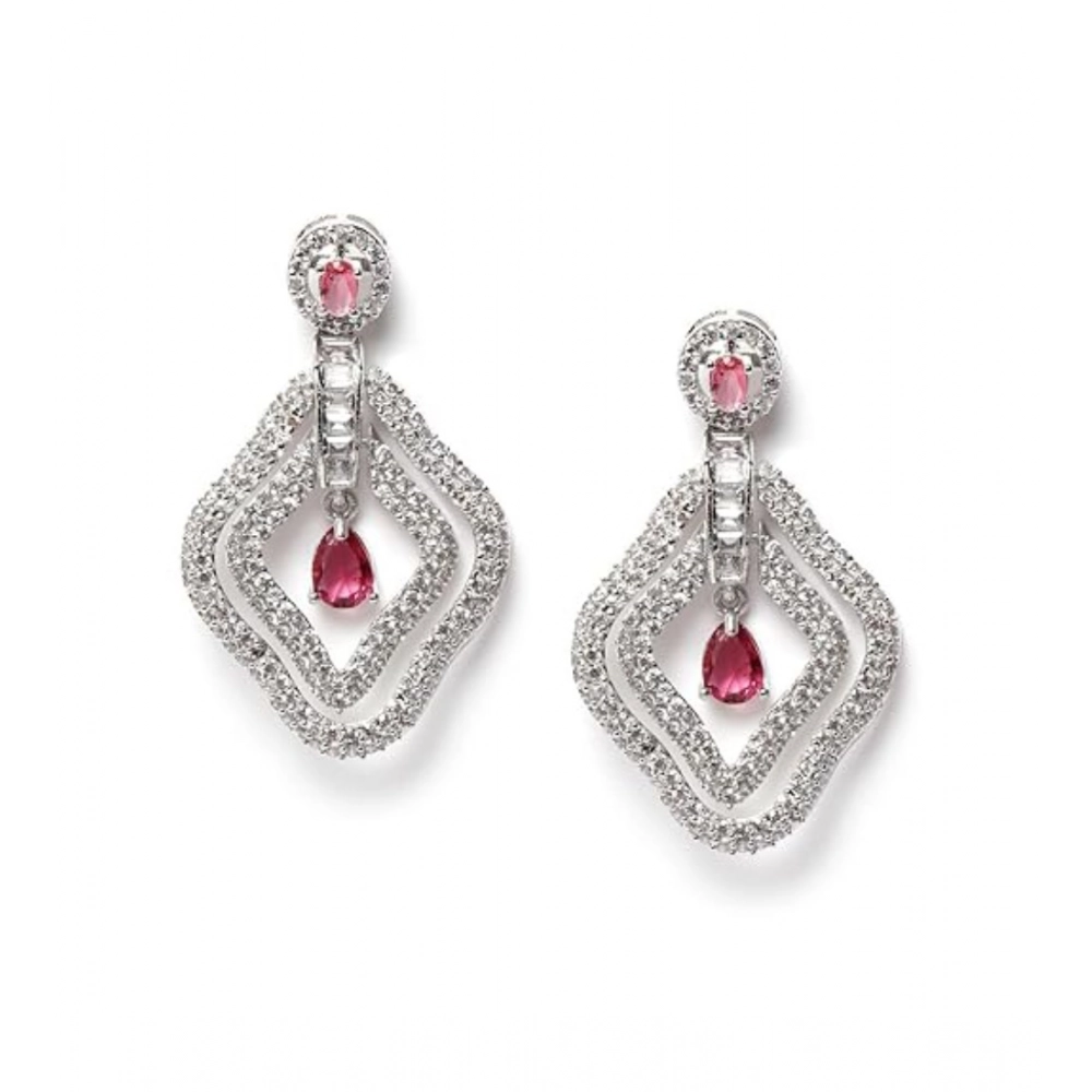 Women's Brass Silver Plated Drop Earrings (Red)