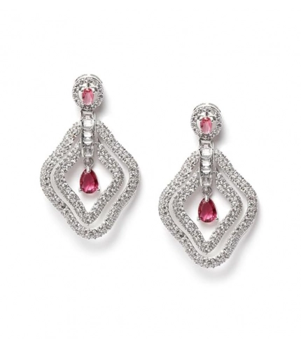 Women's Brass Silver Plated Drop Earrings (Red)