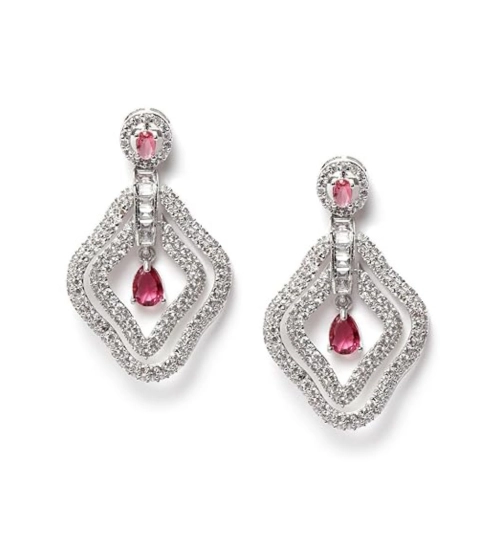 Women's Brass Silver Plated Drop Earrings (Red)