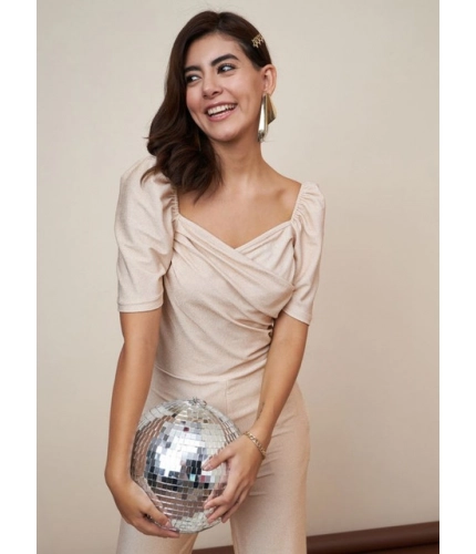 Women's Polyester Shimmer Self Design Short Sleeve Jumpsuit (Gold)