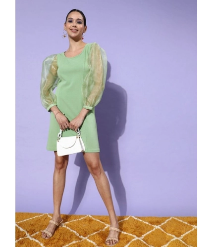 Women's Organza And Polyester Lycra Solid Long Sleeves Dress (Green)