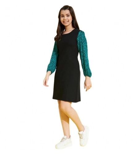 Girl's Polyester Printed Long Sleeves Dress (Black-Green)