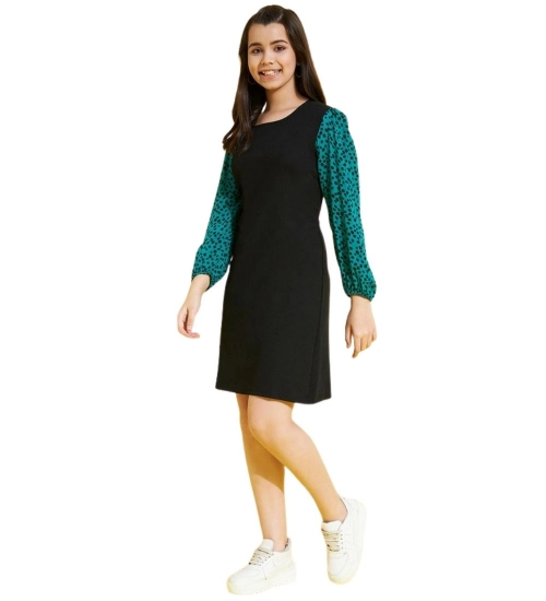 Girl's Polyester Printed Long Sleeves Dress (Black-Green)