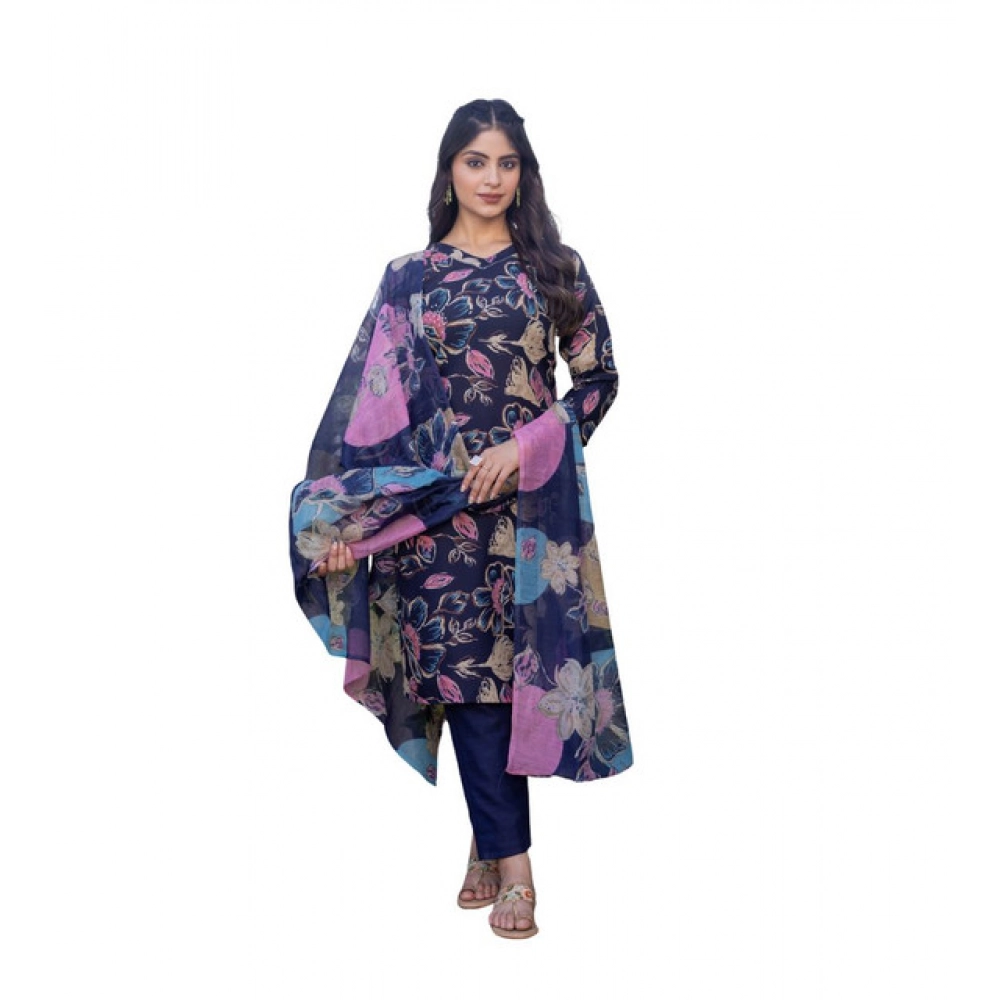 Women's Cotton Blend Printed Kurti With Pant Dupatta Set (NavyBlue) Women's Cotton Blend Printed Kurti With Pant Dupatta Set (NavyBlue)