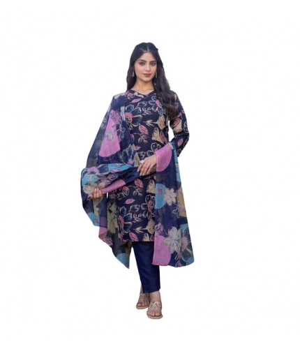 Women's Cotton Blend Printed Kurti With Pant Dupatta Set (NavyBlue)
