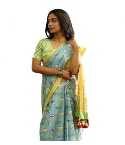 Women's Linen Printed Saree With Unstitched Blouse 5.5Mtr (Blue)