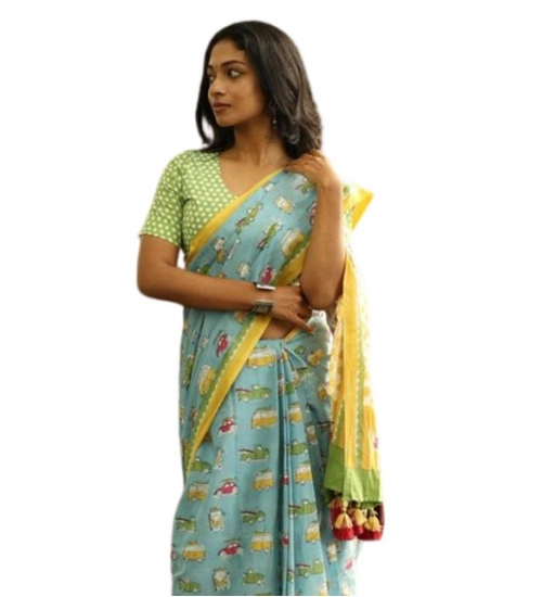 Women's Linen Printed Saree With Unstitched Blouse 5.5Mtr (Blue)