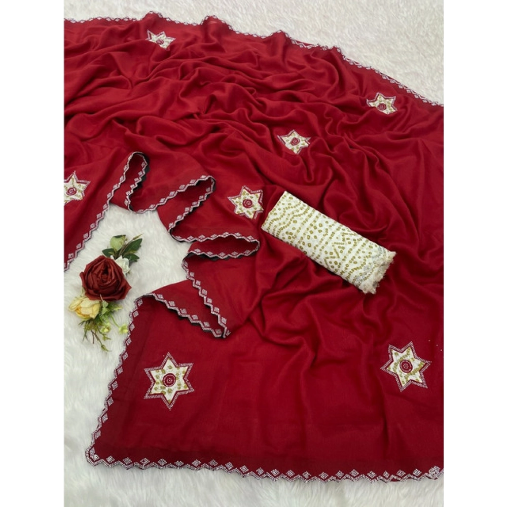 Women's Chiffon Butti Dotted Saree With Unstitched Blouse 5.5Mtr (Red)