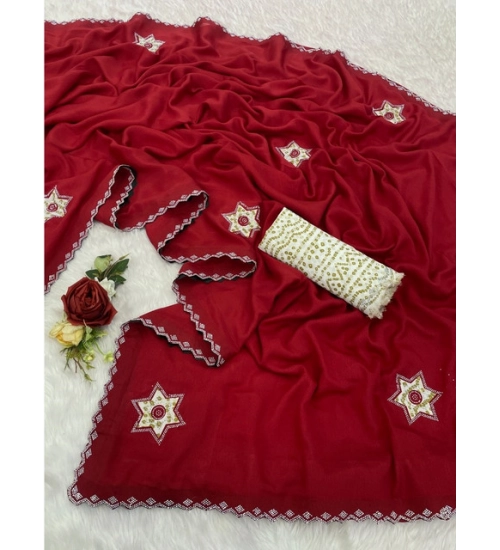 Women's Chiffon Butti Dotted Saree With Unstitched Blouse 5.5Mtr (Red)