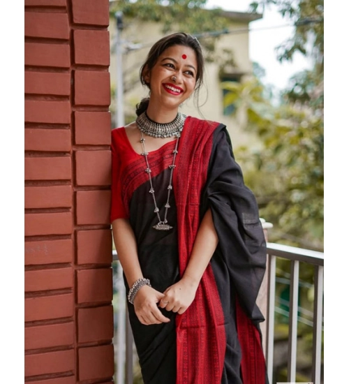 Women's Soft Lilan Printed Saree With Unstitched Blouse 5.5Mtr (Black)