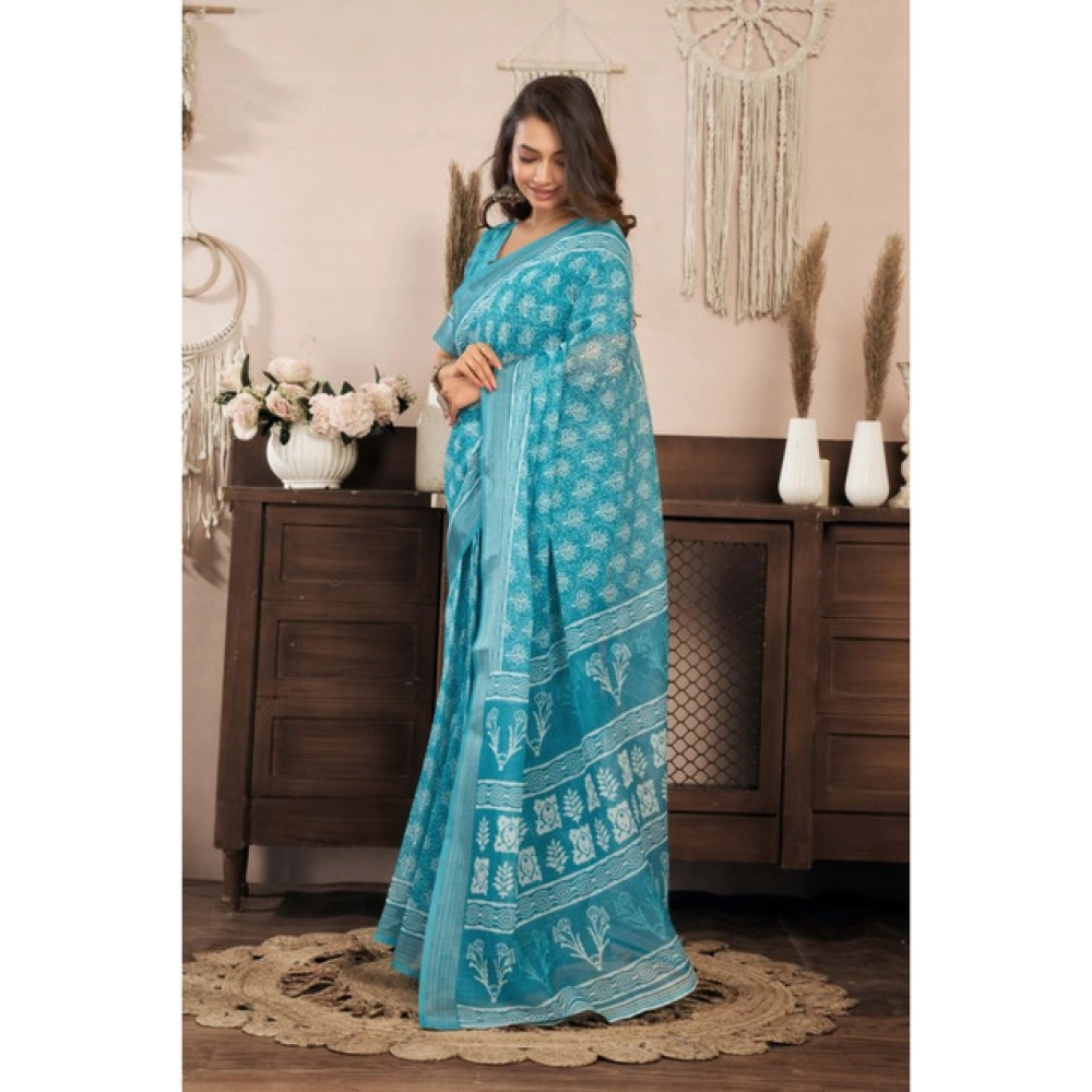 Women's Linen Cotton Printed Ready To Wear Saree With Unstitched Blouse 5.5 Mtr (Aqua_Blue) Women's Linen Cotton Printed Ready To Wear Saree With Unstitched Blouse 5.5 Mtr (Aqua_Blue)