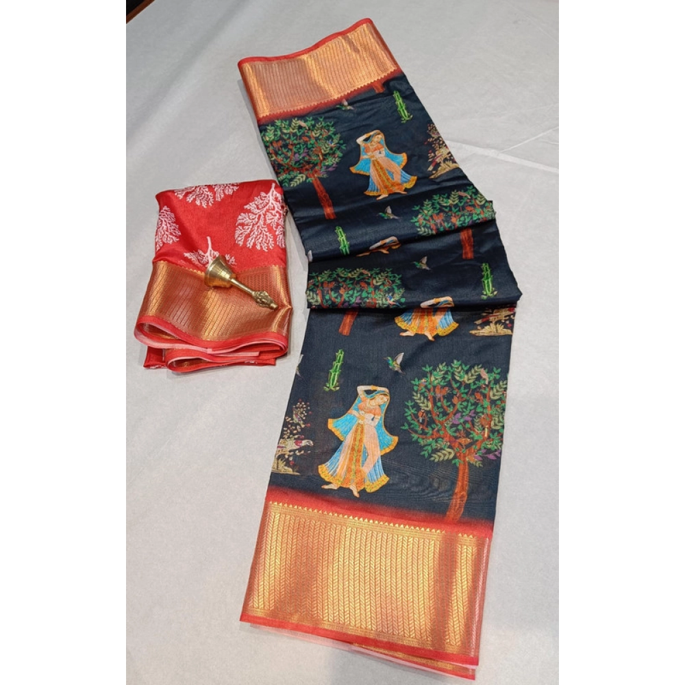 Women's Digital Dolla Silk Printed Saree With Unstitched Blouse 5.5Mtr (Black) Women's Digital Dolla Silk Printed Saree With Unstitched Blouse 5.5Mtr (Black)