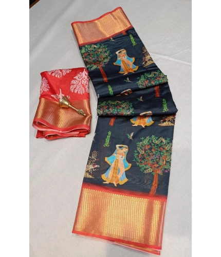 Women's Digital Dolla Silk Printed Saree With Unstitched Blouse 5.5Mtr (Black)
