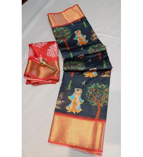 Women's Digital Dolla Silk Printed Saree With Unstitched Blouse 5.5Mtr (Black)