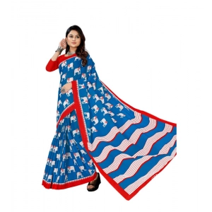 Generic Women's Soft Pure Cotton Printed Saree With Unstitched Blouse 5.5Mtr (Blue)