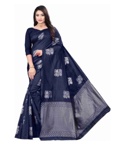 Women's Soft Lichi Silk Printed Saree With Unstitched Blouse 5.5Mtr (Blue)