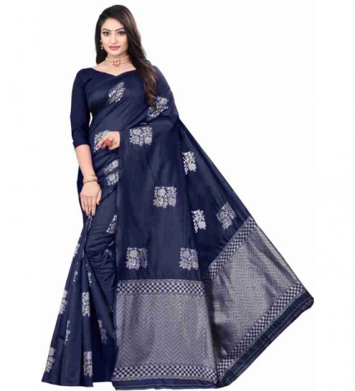 Women's Soft Lichi Silk Printed Saree With Unstitched Blouse 5.5Mtr (Blue)