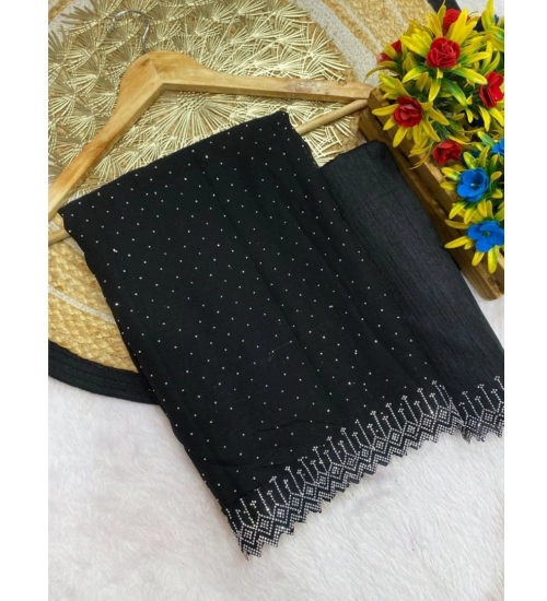 Women's Georgette Stone Work Saree With Unstitched Blouse 5.5Mtr (Black)