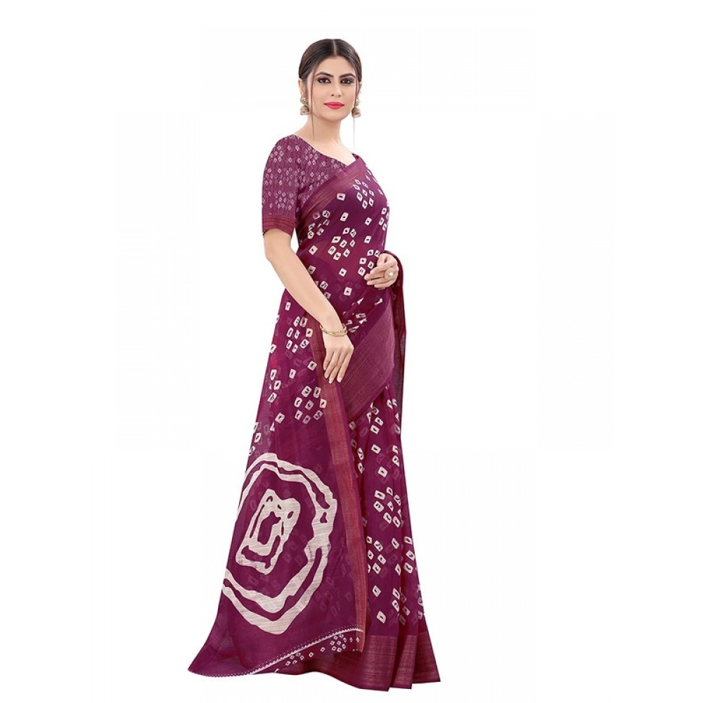 Women's Cotton Silk Bandhni Saree With Unstitched Blouse 5.5Mtr (Purple) Women's Cotton Silk Bandhni Saree With Unstitched Blouse 5.5Mtr (Purple)