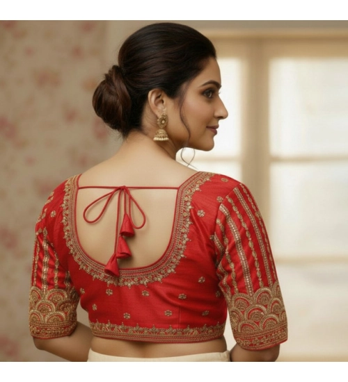Women's Phantom Silk Embroidered Designer Neck Padded Blouse (Red 38 Ready (Alterable up to 42)