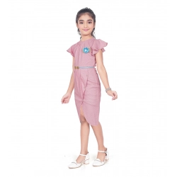 Girl's Knitted Striped Short Sleeve Close Neck Dress (Pink)