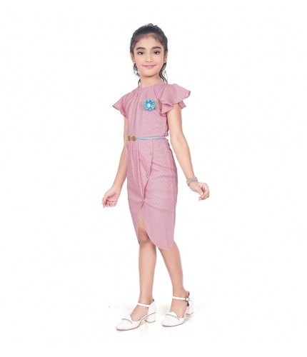 Girl's Knitted Striped Short Sleeve Close Neck Dress (Pink)