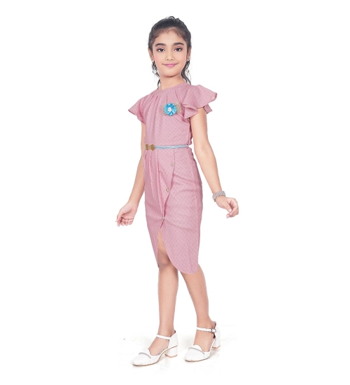 Girl's Knitted Striped Short Sleeve Close Neck Dress (Pink)