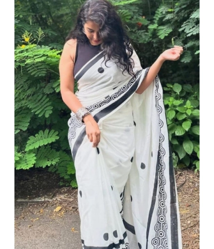 Women's Linen Printed Saree With Unstitched Blouse 5.5Mtr (White)