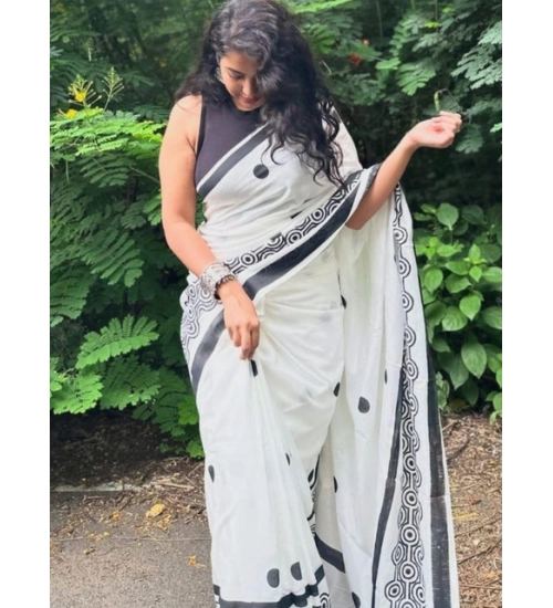 Women's Linen Printed Saree With Unstitched Blouse 5.5Mtr (White) Women's Linen Printed Saree With Unstitched Blouse 5.5Mtr (White)