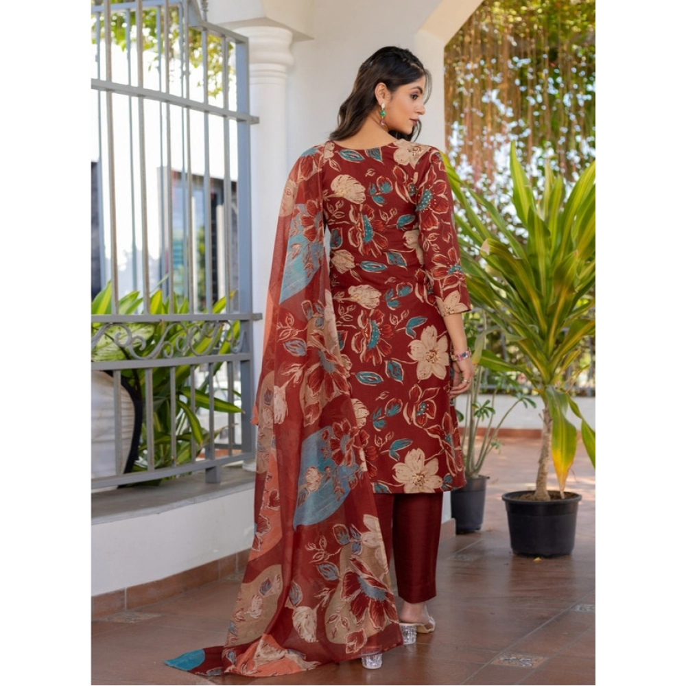 Women's Cotton Blend Printed Kurti With Pant Dupatta Set (Rust) Women's Cotton Blend Printed Kurti With Pant Dupatta Set (Rust)
