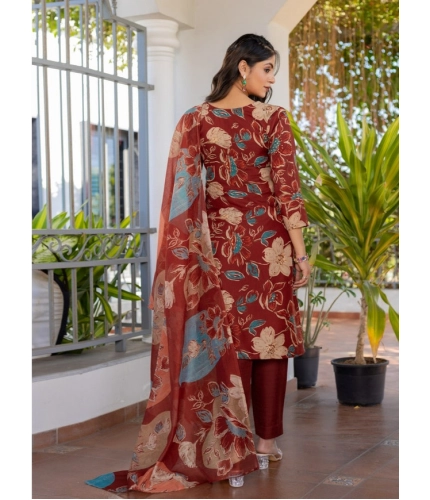 Women's Cotton Blend Printed Kurti With Pant Dupatta Set (Rust)