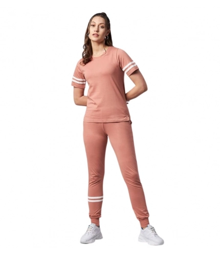 Women's Cotton Striped Short Sleeve Tracksuit (Pink)