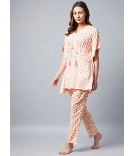 Women's Rayon Tie And Dye Kaftan Sleeve Night Suit (Multicolor)