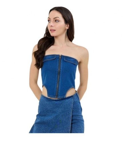 Women's Denim Lycra Solid Sleeveless Top (Blue)