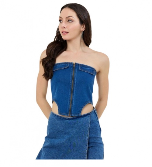 Women's Denim Lycra Solid Sleeveless Top (Blue)