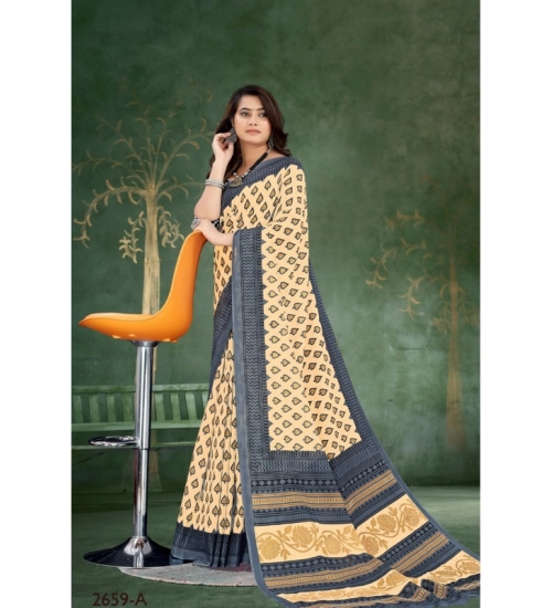 Women's Soft Pure Cotton Printed Saree With Unstitched Blouse 5.5Mtr (Cream)