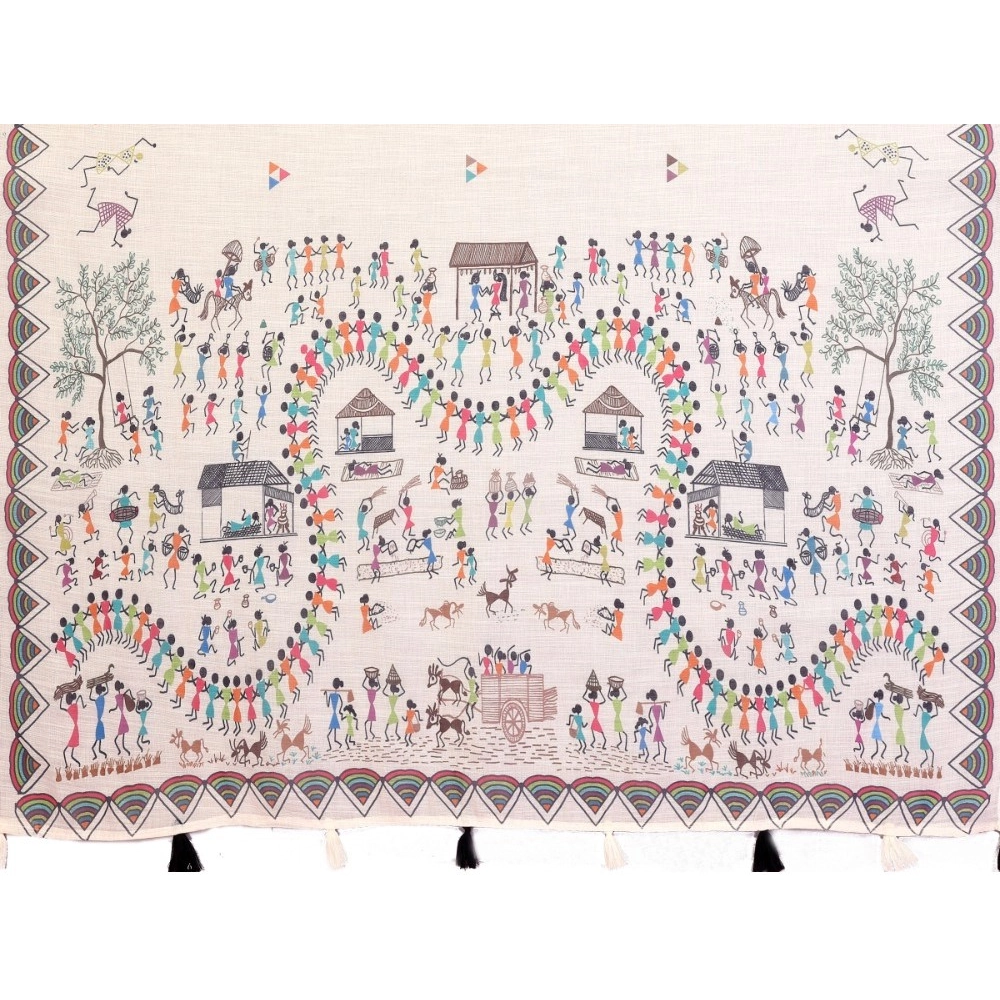 Women's Linen Cotton Printed Saree With Unstitched Blouse 5.5Mtr (Off White)