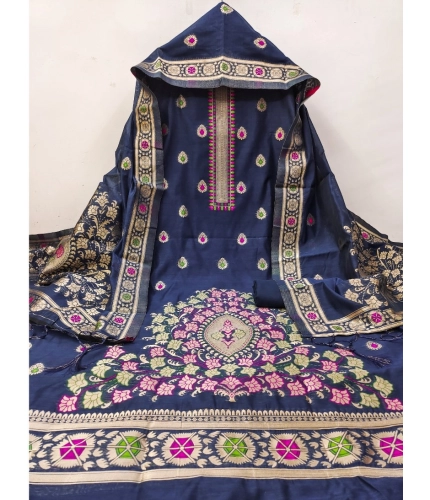 Women's Banarasi Silk Printed Unstitched Salwar Suit Material With Dupatta (Navy Blue, 3Mtrs)