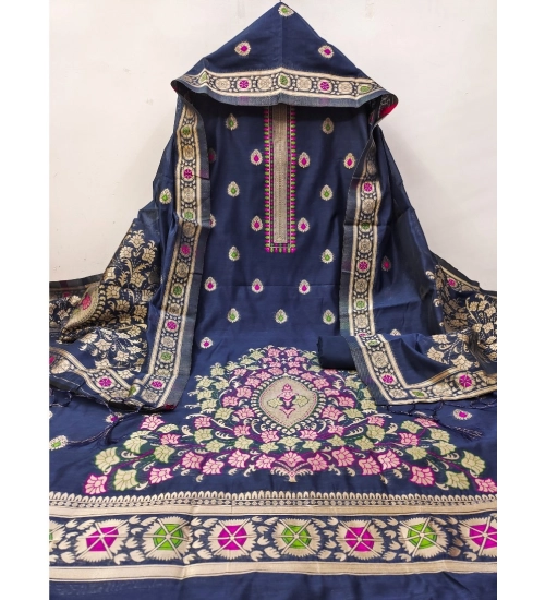 Women's Banarasi Silk Printed Unstitched Salwar Suit Material With Dupatta (Navy Blue, 3Mtrs)