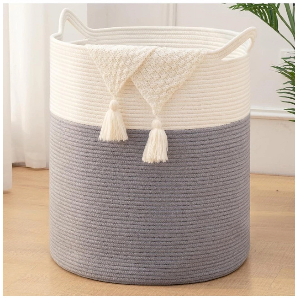 Cotton 12x14 Inch- 1 Pcs Storage Basket For Clothes (Gray-White)