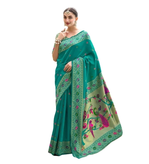 Women's Silk Blend Paithani Weaving Saree With Unstitched Blouse 5.5Mtr (Green)