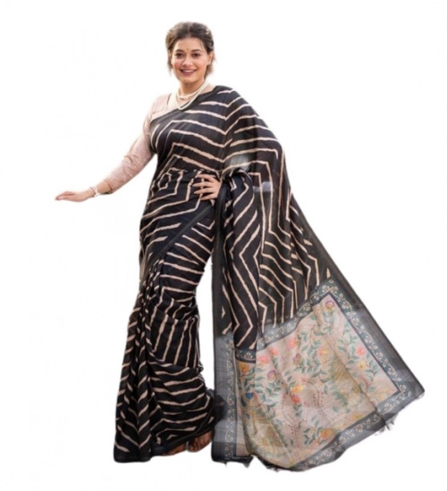 Women's Faux_Tussar_Silk Geometric_Print Saree With Unstitched Blouse 5.5Mtr (Black) Women's Faux_Tussar_Silk Geometric_Print Saree With Unstitched Blouse 5.5Mtr (Black)