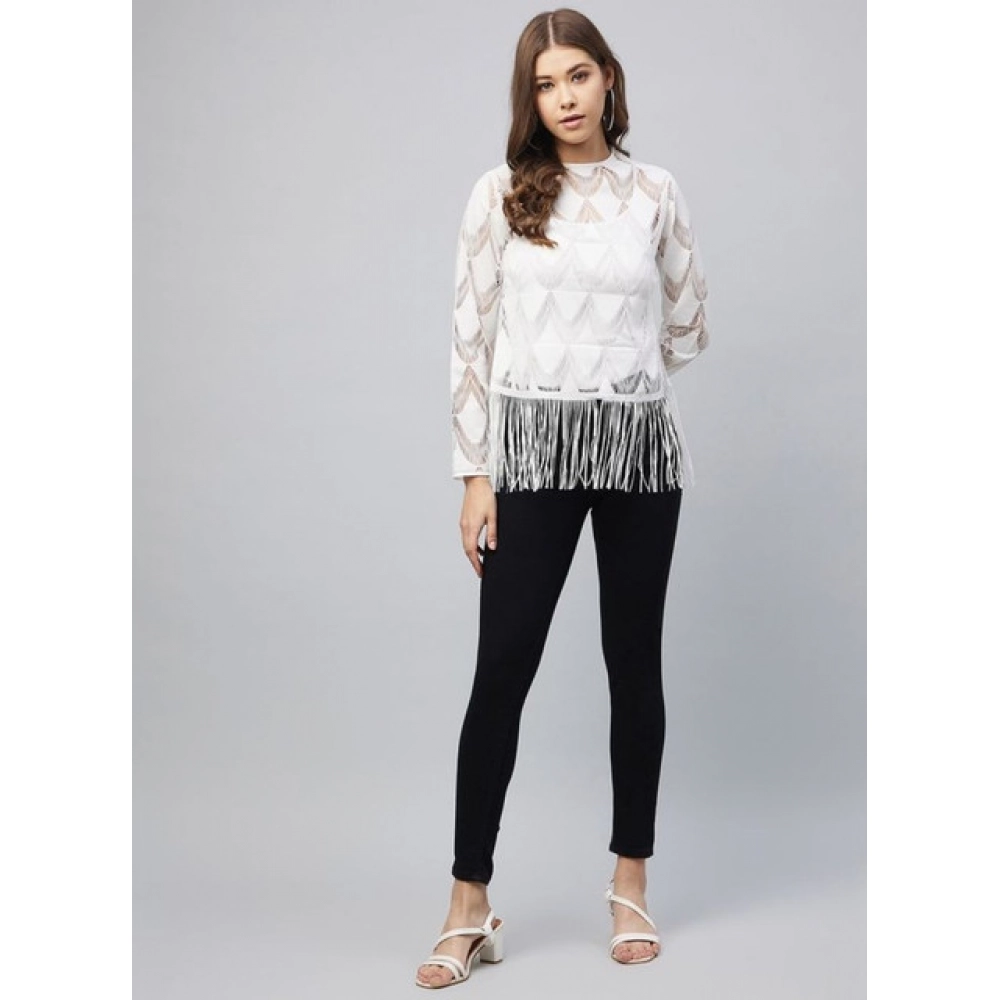 Women's Lace Self Design Short Sleeve Top (White)